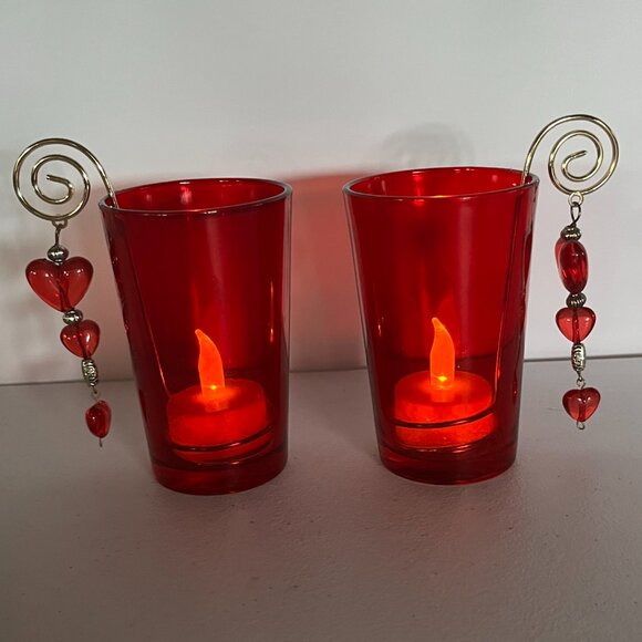 Pair Red Glass Luminary Votive Candle Holder Decorative Hearts Golden Wire Roman - Picture 13 of 17